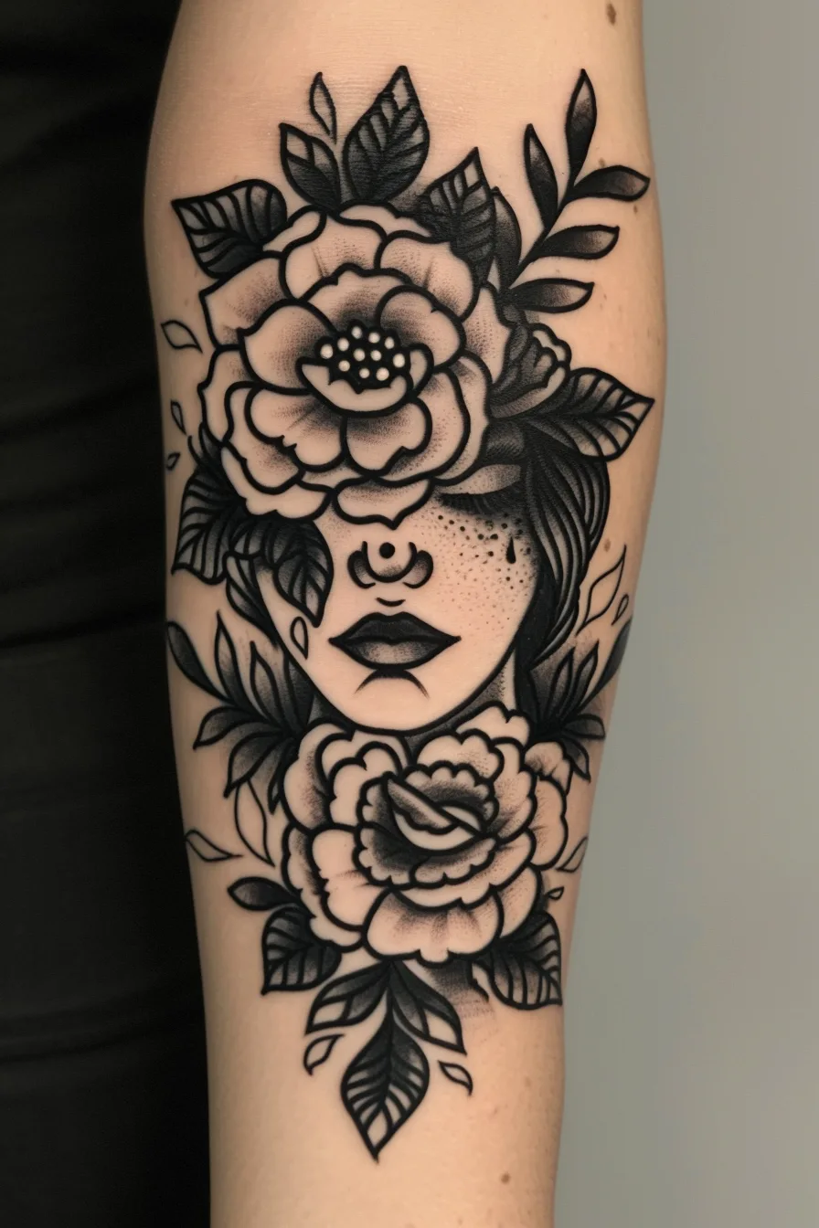 Woman Face With Flowers Tattoo Ideas